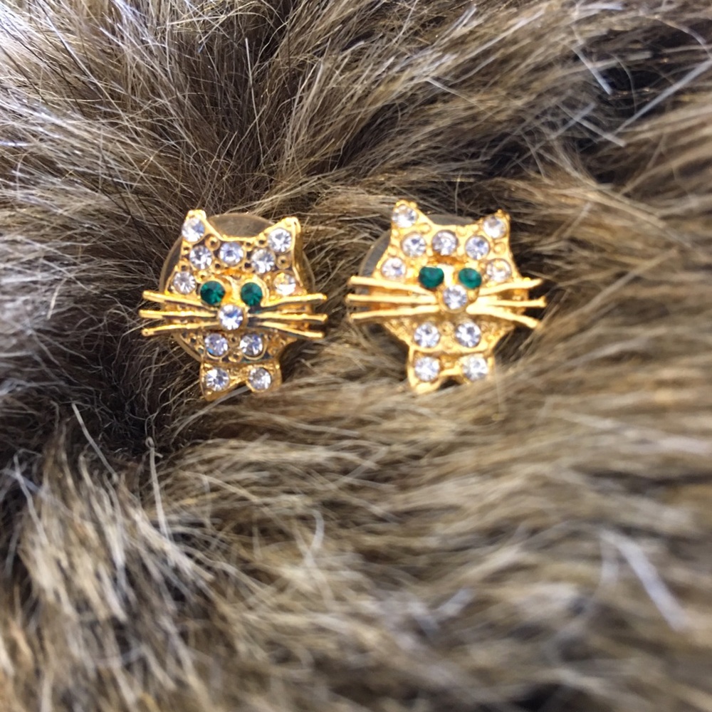 Vintage cat with whiskers crystal pierced earrings